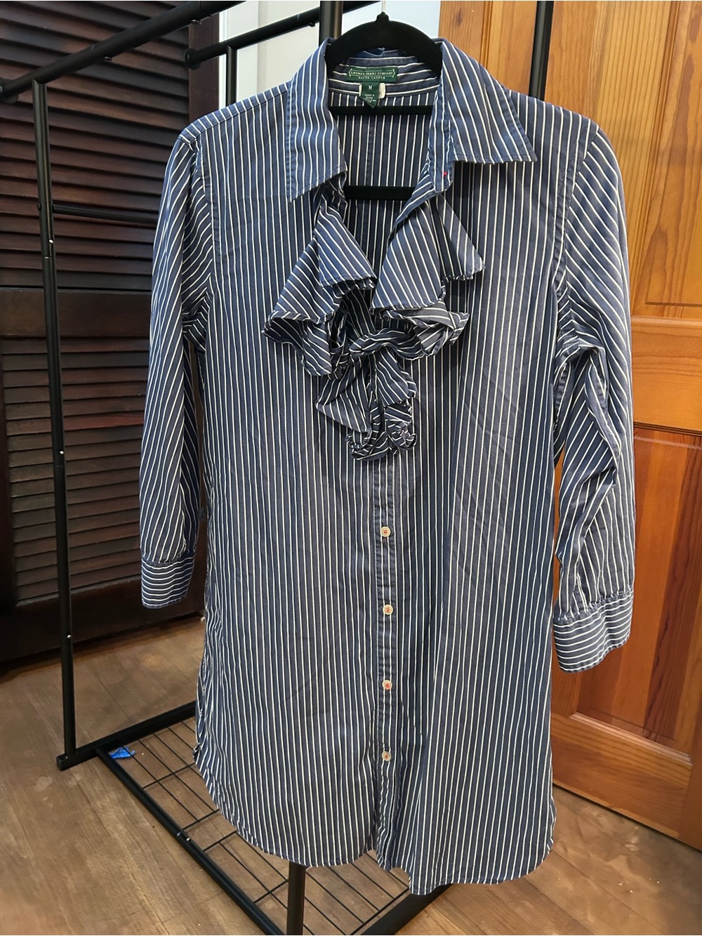 Lauren Ralph Lauren Navy and White Striped Ruffle Front Button-Down Shirt-Dress